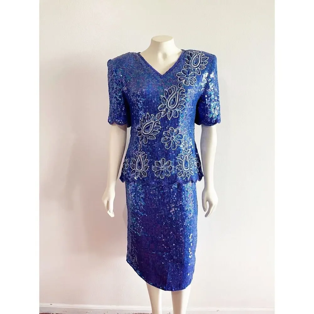 Stenay Purple Sequin Two Piece Top and Skirt Set Size 8 1980s 80s